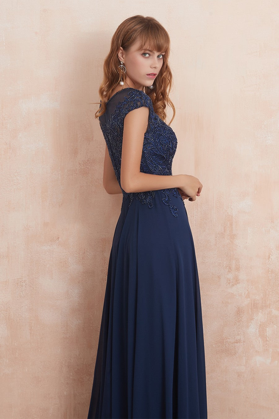 A line Navy Long Prom Dress With Appliques