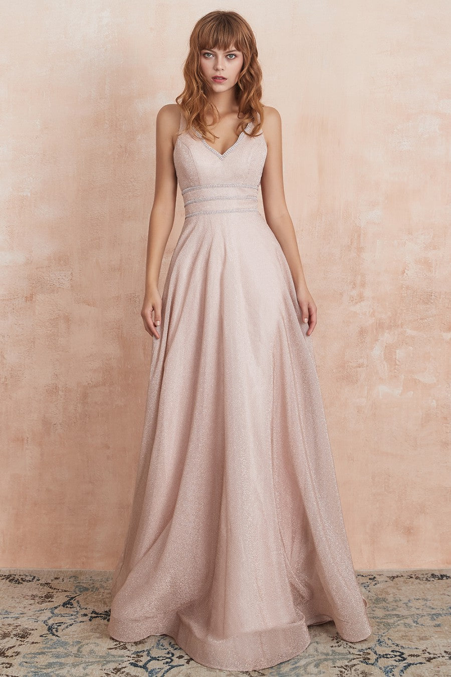 A line V Neck Pink Long Prom Dress