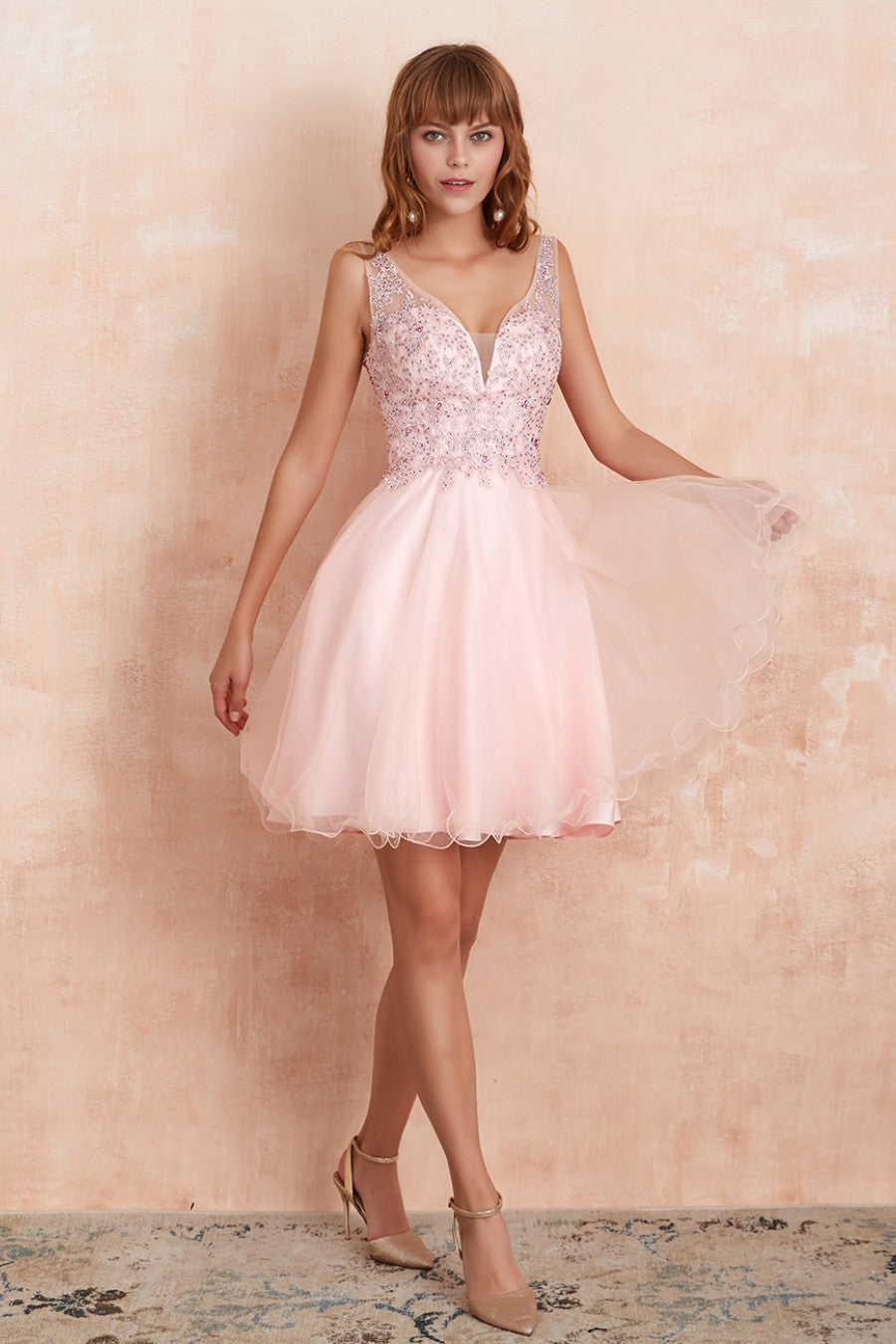 A line Pleating Tulle Homecoming Dress With Appliques